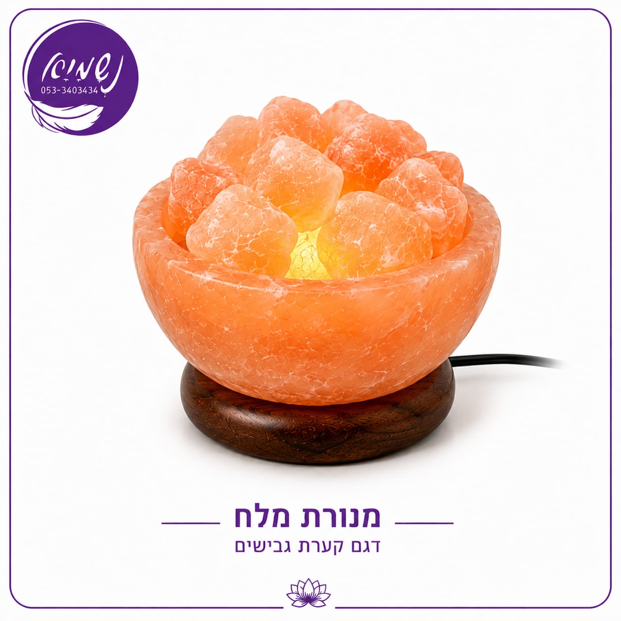 מנורת מלח הימלאיה — דגם קערת גבישים על בסיס עץ מגולף